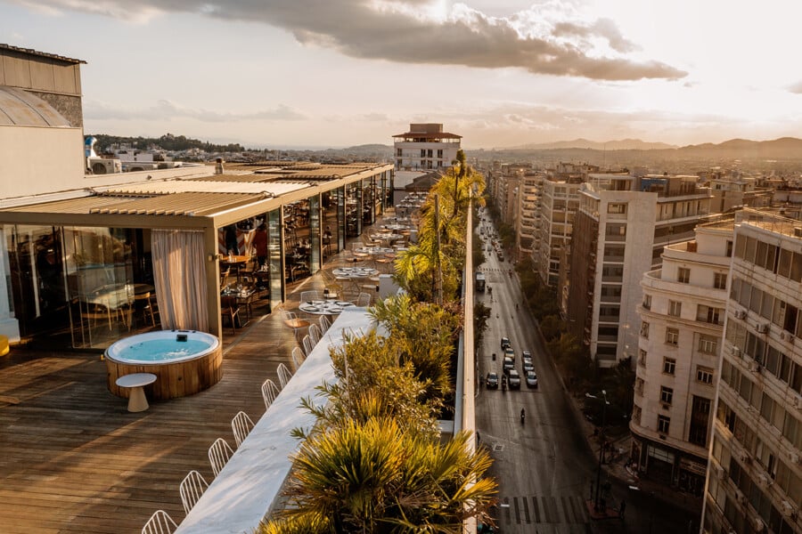 Brown_Acropol_Rooftop_Restaurant_drone_sunset_view